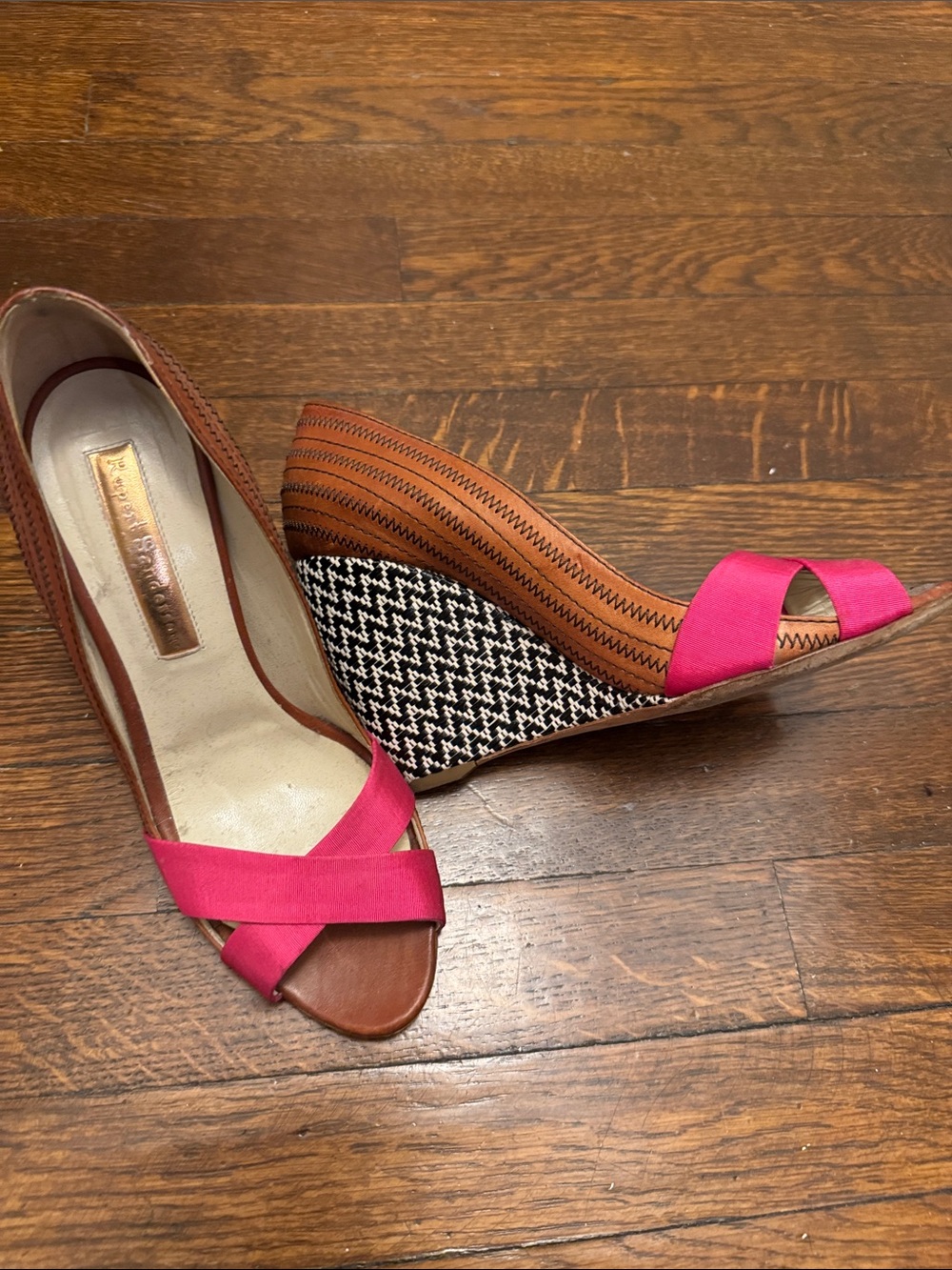 Rupert Sanderson Pink Fabric and Brown Leather Wedge Sandals